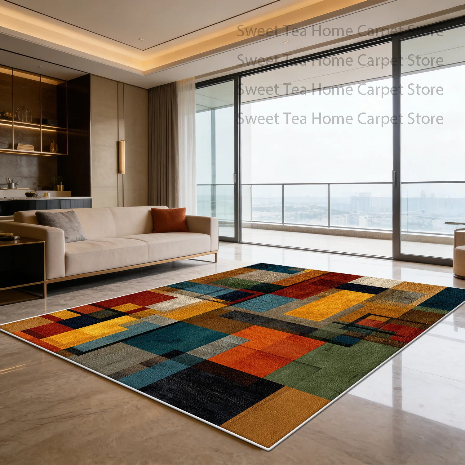

Modern Colored Geometric Living Room Carpet Decoration Bedroom Non-slip Machine Washable Rug Soft Fluffy Large Area Kitchen Mat