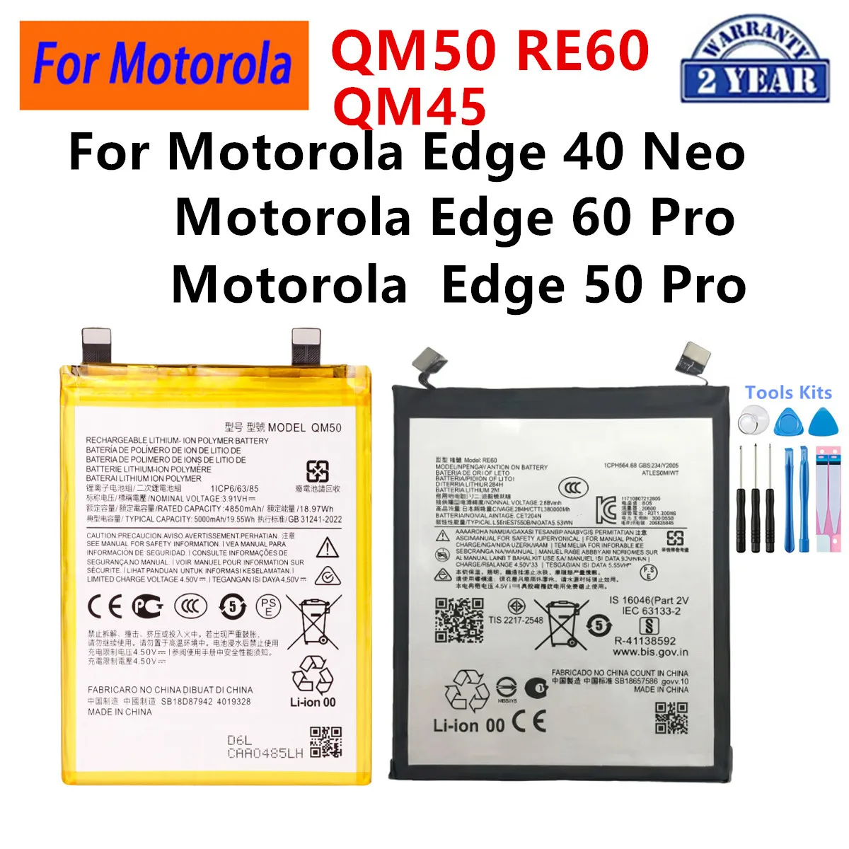 Brand New QM50 RE60 QM45  Battery For Motorola Edge 40 Neo Moto Edge 60 Pro Edge 50 Pro Mobile phone Batteries+Tools