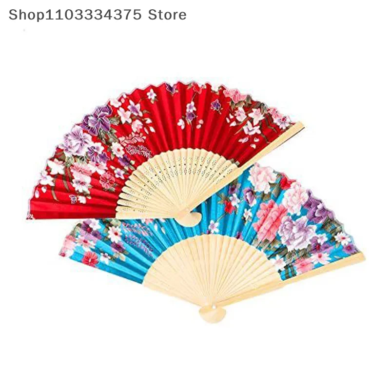 Silk Fan - Chinese Japanese Style Vintage Folding Hand Fan with Flower Pattern Print for Party Dance Gift or Home Decoration