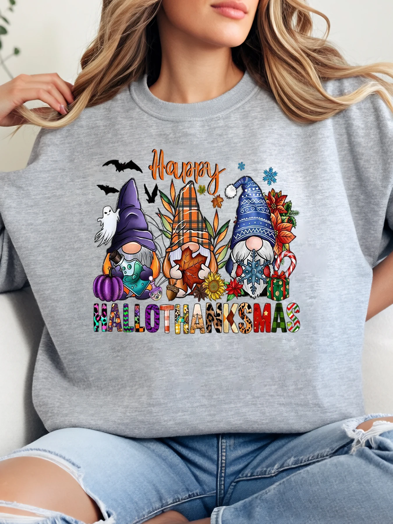 

Happy Hallothanksmas, праздничный свитшот с принтом гномов, женская повседневная осенне-зимняя одежда, серый, больших размеров