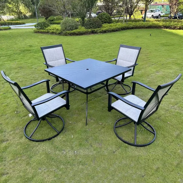 Outdoor Garden Patio 4 Seater Table and Chairs Sale 5pcs Round Dining Table Set with 4 Swivel Chairs Steel Sling Dining Set