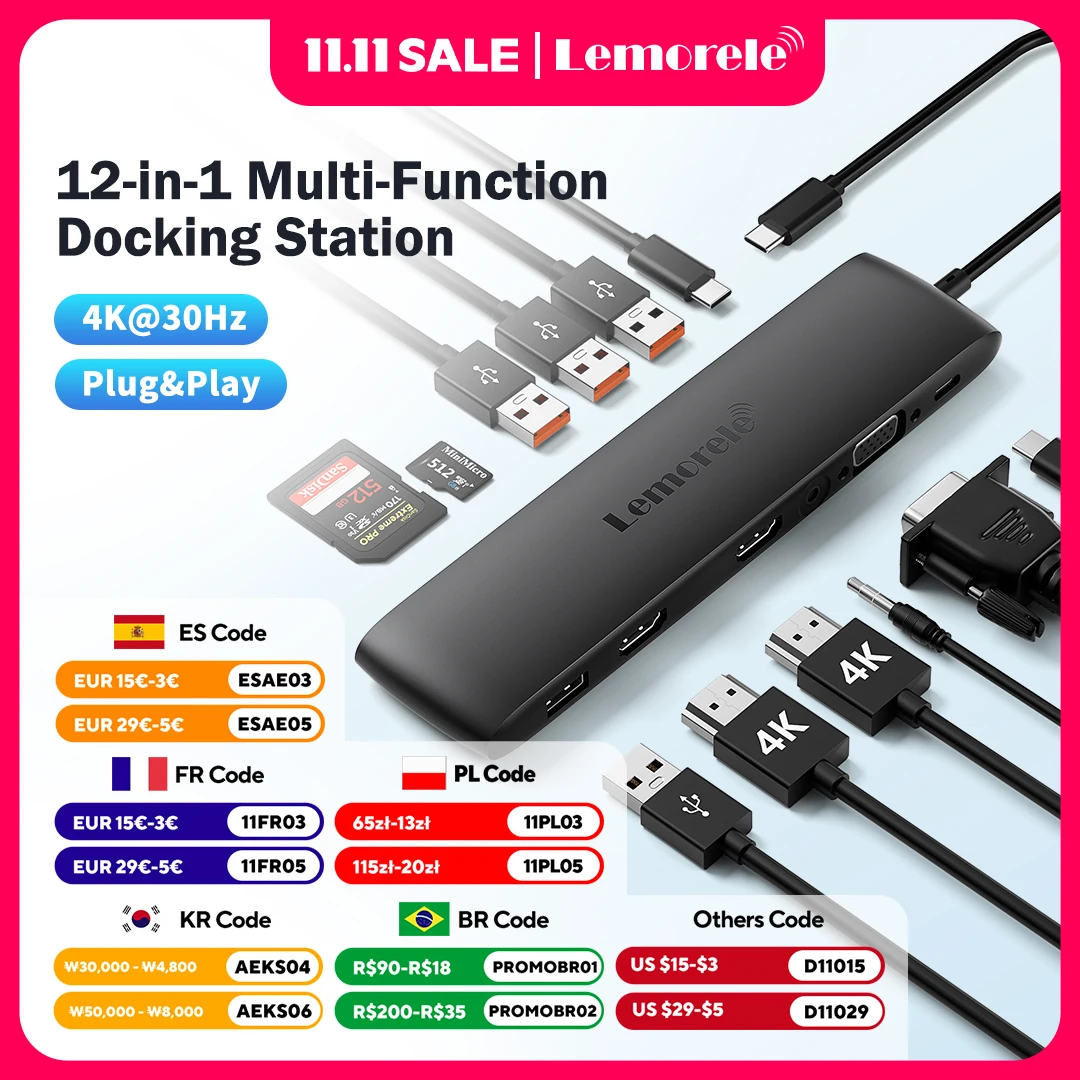 

Lemorele TC97 USB Hub USB 3.1 Dock Station USBC to Dual HDMI 4K 10Gpbs Type-C 100W Adapter VGA USBC 3.1 for MacBook Windows