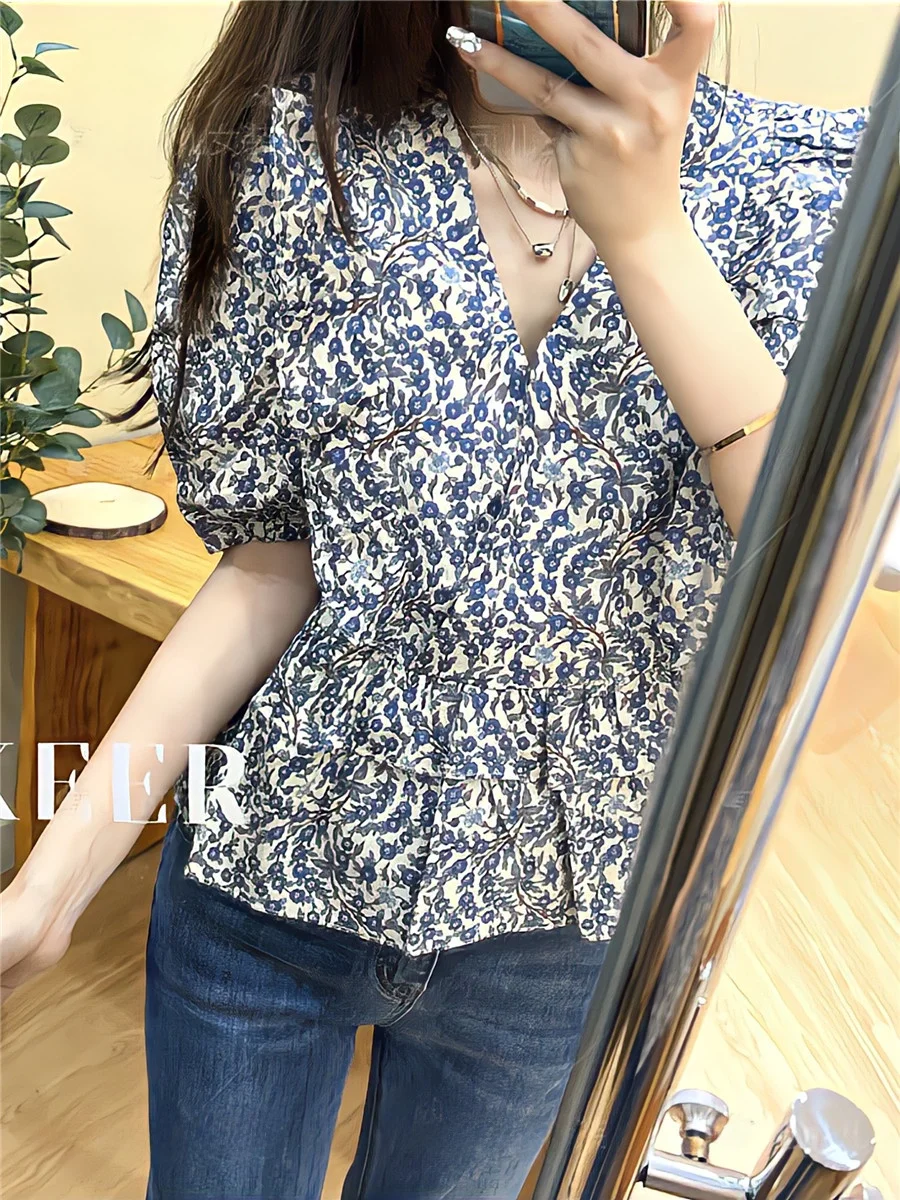 Bloemenprint V-ne Bubble Sve Slim Fit Dames irt Faionable Veelzijdige zomertop Woon-werkverkeer Sle ort Sve Casual
