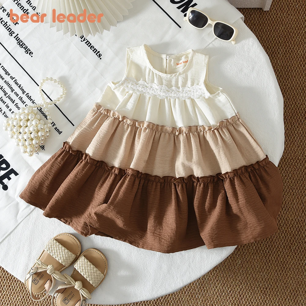Bear Leader 1-7 Years Old Kids Dresses for Girls Korean Version Color Blocking Gradient Cake Princess Baby Girls Summer Dress