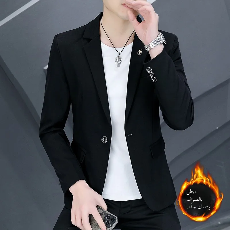 

Men's Casual Fce-Lined Thiened Autumn Winter Suit Sli Slim Fit Youth Trendy Single-Breasted Jaet Long Sve Butto...