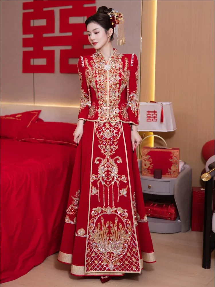 

New velvet wedding dress Chinese-style bride's dragon and phoenix gown grand luxurious toasting