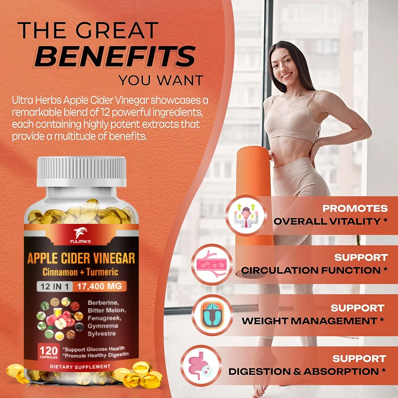 Organic Apple Cider Vinegar Capsules 17,400mg with Cinnamon, Turmeric -Best Supplement for Digestive, Immunity Support