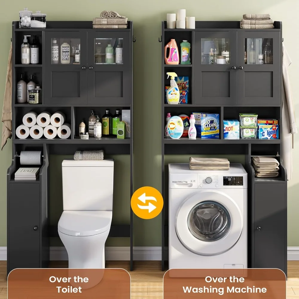 Itaar فوق خزانة تخزين المرحاض، منظم الحمام فوق المرحاض مع أبواب زجاجية وحامل ورق المرحاض، مساحة منزلية-S