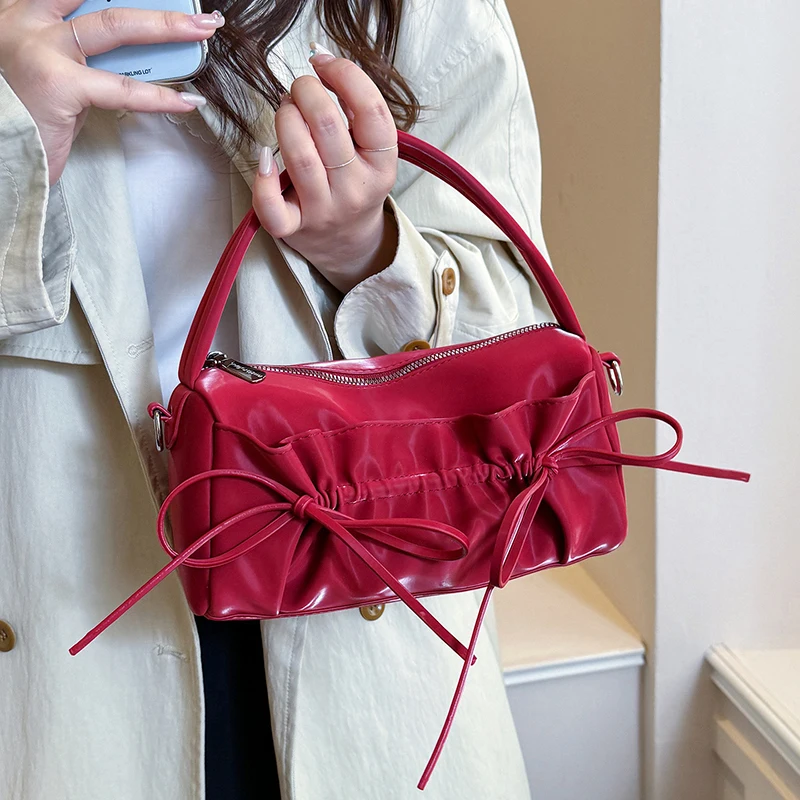 Schicke Umhängetasche mit Schleife und plissiertem Kordelzug, zylindrische Handtasche, Damen-Kissentasche mit abnehmbarem Riemen, Reißverschluss oben – Detail 18