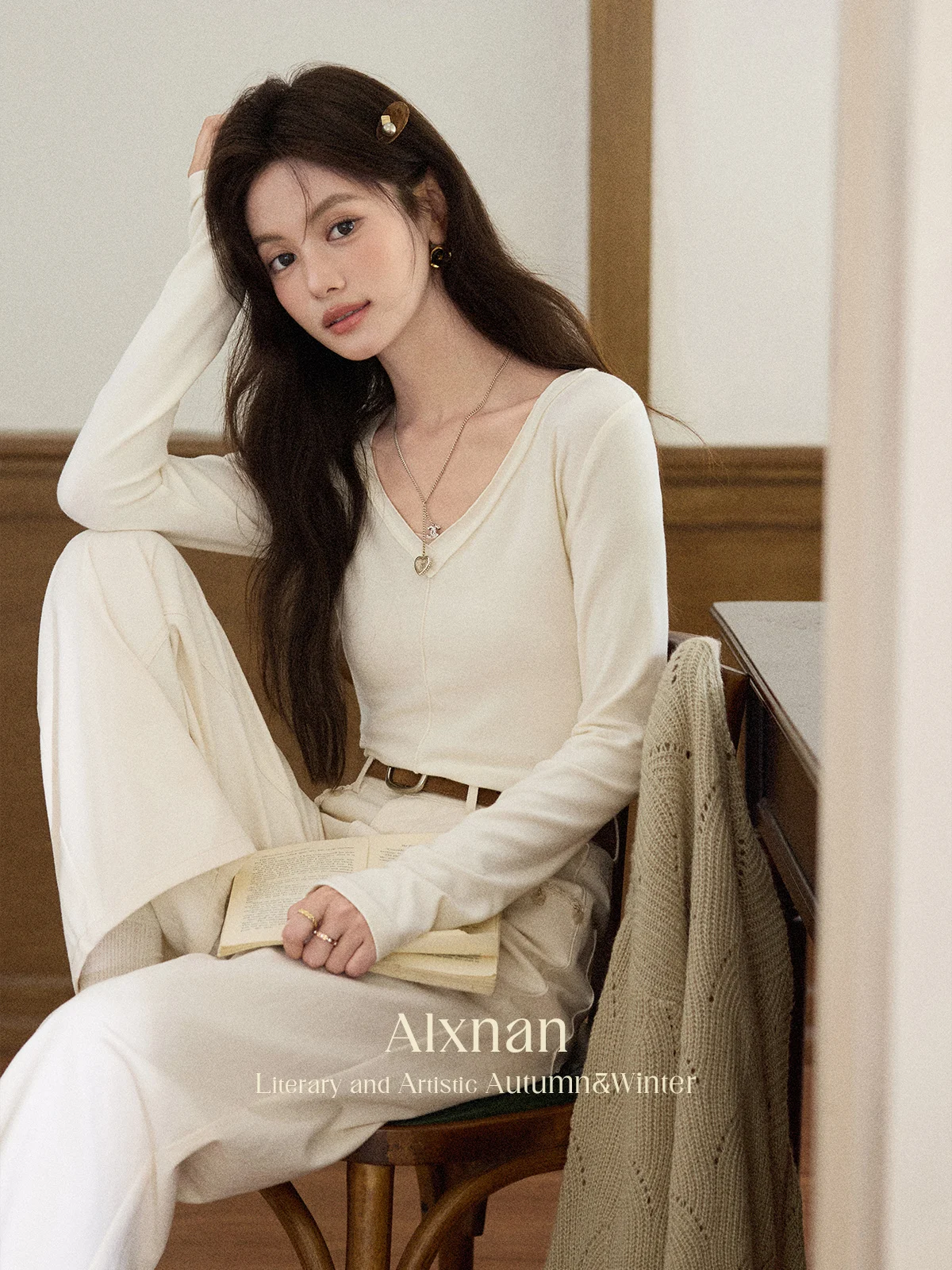 ALXNAN Women Pants Loose Wide Leg Straight Trousers Cotton 100% Casual Elegant Beige High Waist Comfy Chic Baggy Pants L56962