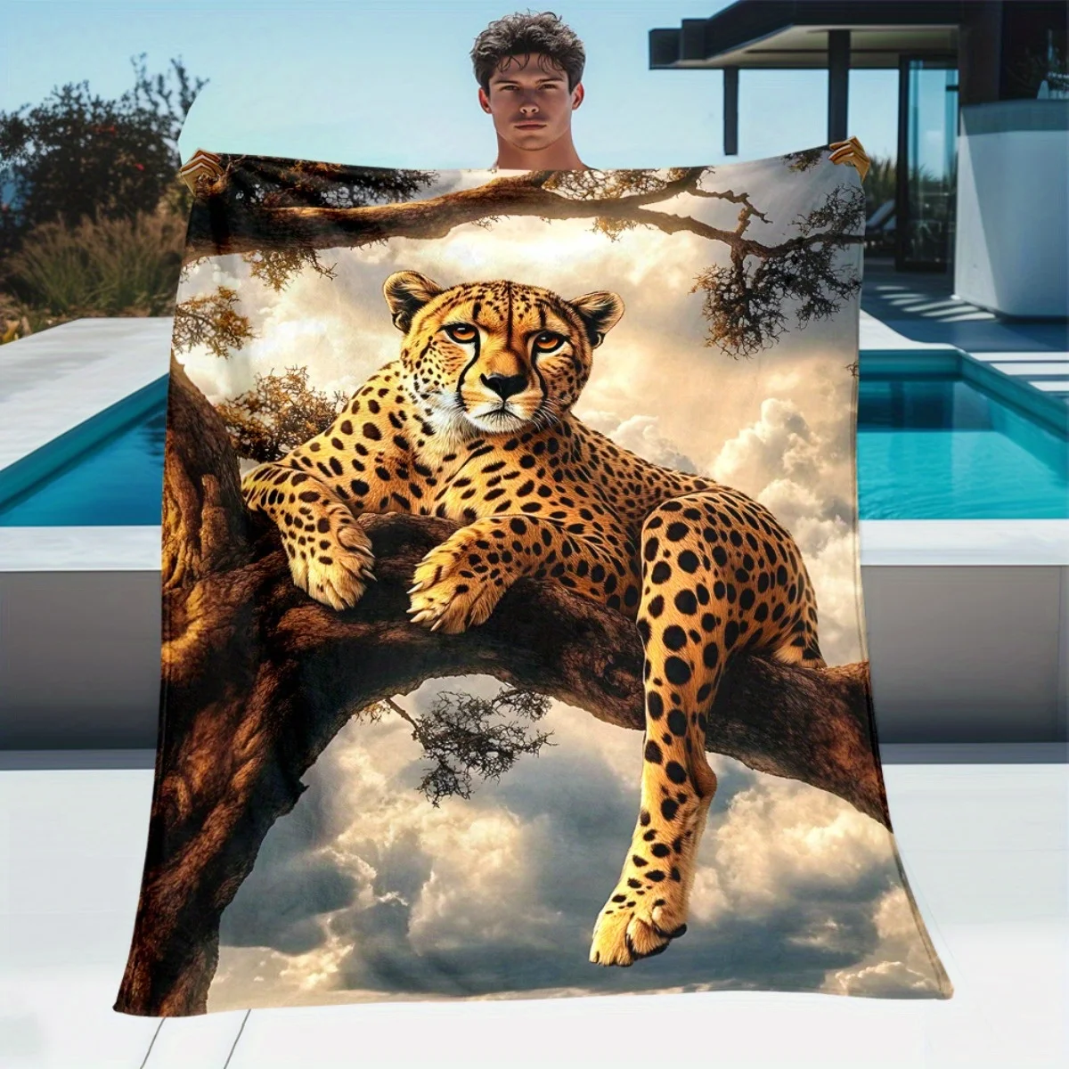 1pc Cheetah on a Tree Branch at Night Blanket-Lightweight Flannel Home Furnishings Bedding Blanket Suitable for Sofas Beds Trave