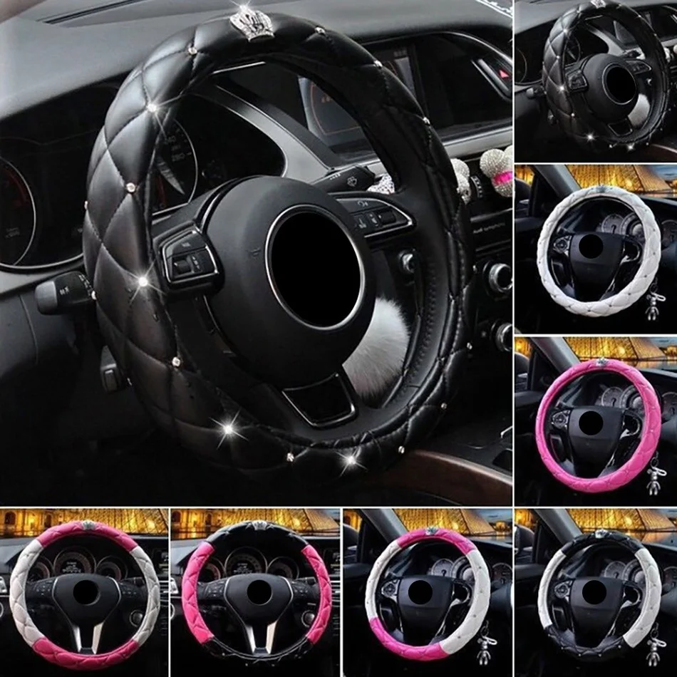 Crystal Car Steering Wheel Cover Crown PU Leather Protective Cover Anti-slip Wear-resistant Car Decor Car Accessories for Women