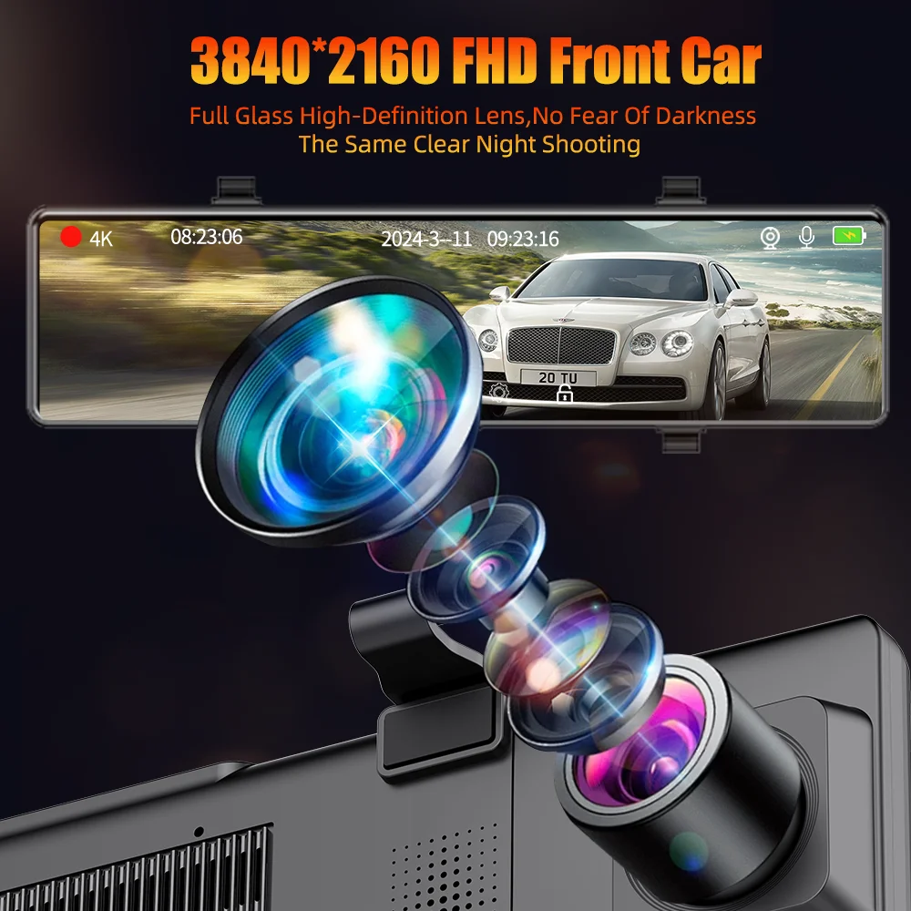 Aprilboy 12\'\' 4K Dash Cam Carplay with Wireless Carplay Android Auto Loop Recording WiFi Bluetooth Navigation Touchscreen Car