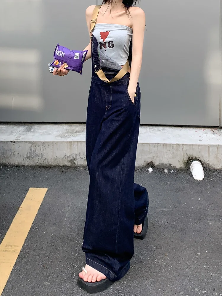Damskie ogrodniczki jeansowe z szerokimi nogawkami, przeciwstarzeniowe, w kolorze głębokiego błękitu, luźny krój, jesień, moda, wysoki stan, błękitne szelki, długość do podłogi, jednoczęściowe.