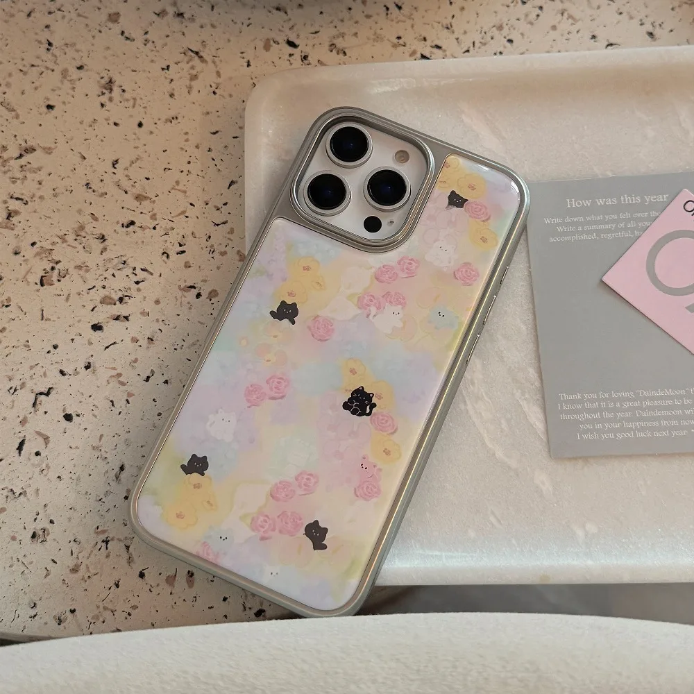 Ins زهرة البحر القط نمط الفضة حافة الايبوكسي مكافحة الإفلات جراب هاتف آيفون XR/11/12/13/14/15/16/17 برو ماكس جراب هاتف