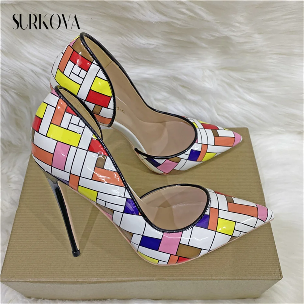 Colorful Square Rhombic Fashion Point Toe High Heels for Women Shiny PU Leather High Heel Woman Pumps Customizable Stiletto Shoe