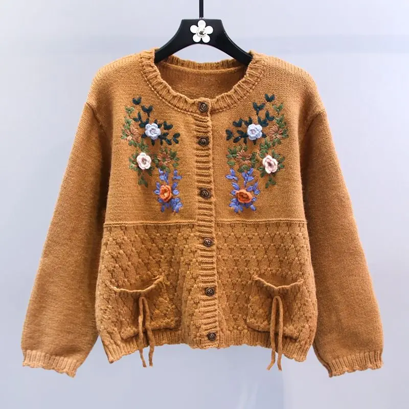 Design Chic Cardigan Knit Coats Single Breasted Flower Embroidery Pockets Sweaters All Match Vintage Autumn Loose Women Clothing