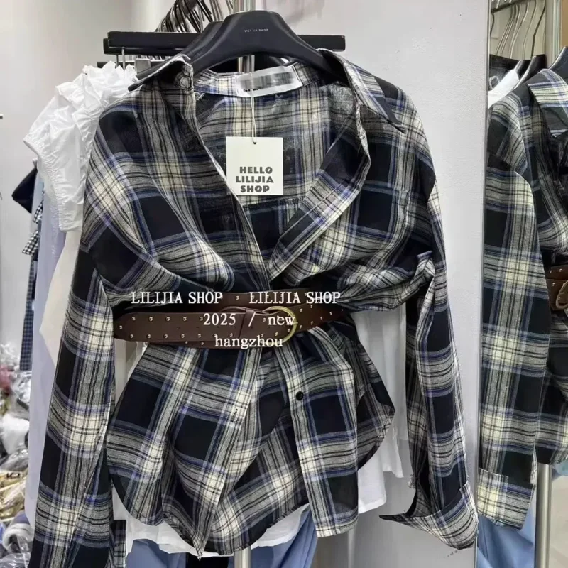 

Sunsn Long-sleeved Shirt Women's Belt Top 2025 Early Autumn New Korean Style Plaid
