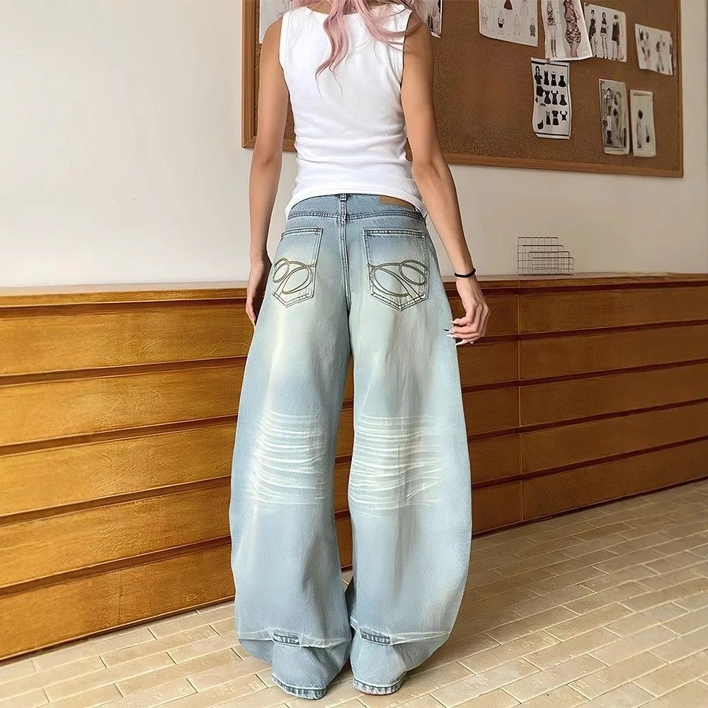 Relaxing High Waisted Curved Knife Jeans for Women's Spring and Autumn New Trend, American Loose Wide Leg Mopping Jeans Trend