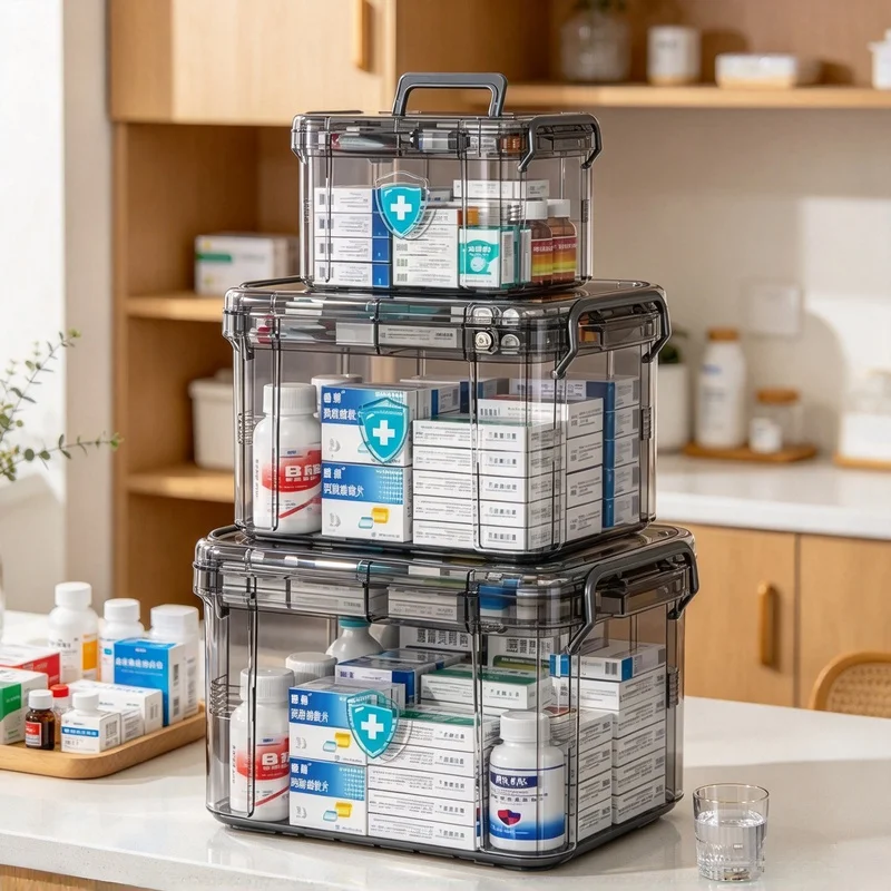 Transparent Double Layer PP Medical Storage Box Waterproof Rectangular First Aid Organizer Case with Lid for Family Use