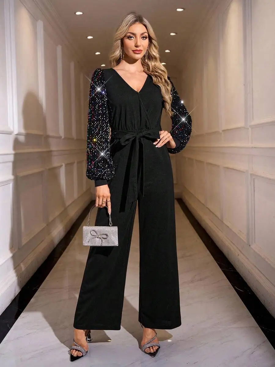 

Womens Sequin V-Neck Belted Jumpsuit For Party Autumn Winter