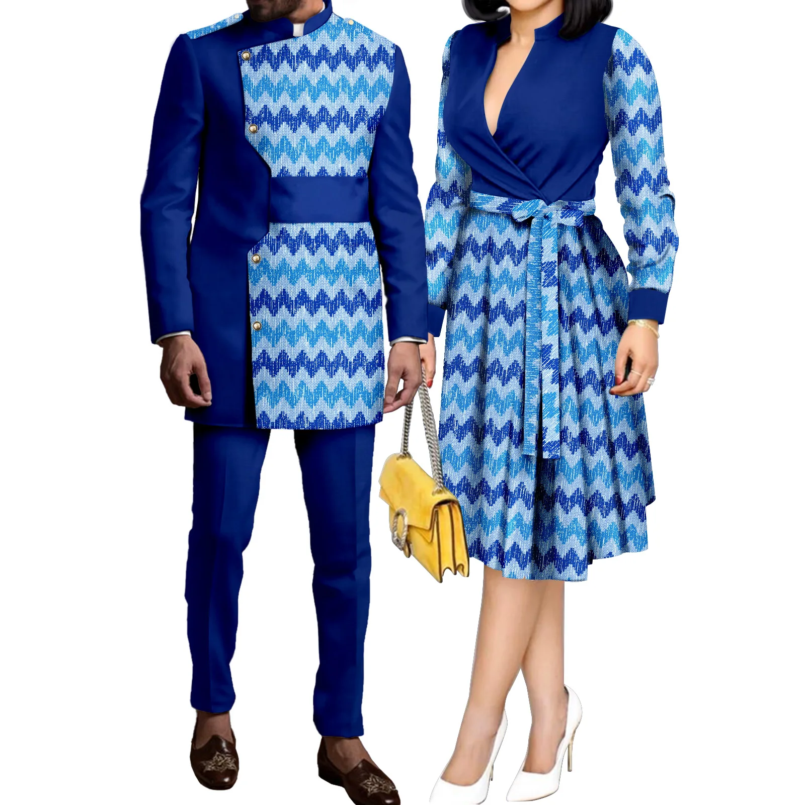 

African Couples Women Print Wax Cotton Fashion Patchwork Hot Dress& Men 2 Pieces Shirt and Pants Sets