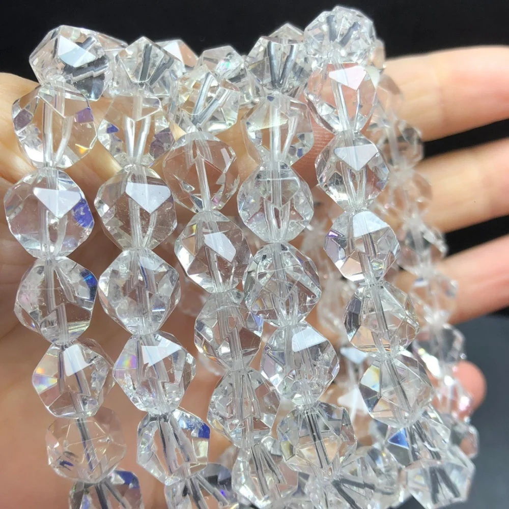 Natural Clear Quartz Facet Diamond Bead Bracelet Healing Fengshui Gemstone Round Beads Jewelry Couple Holiday Gift 1PCS