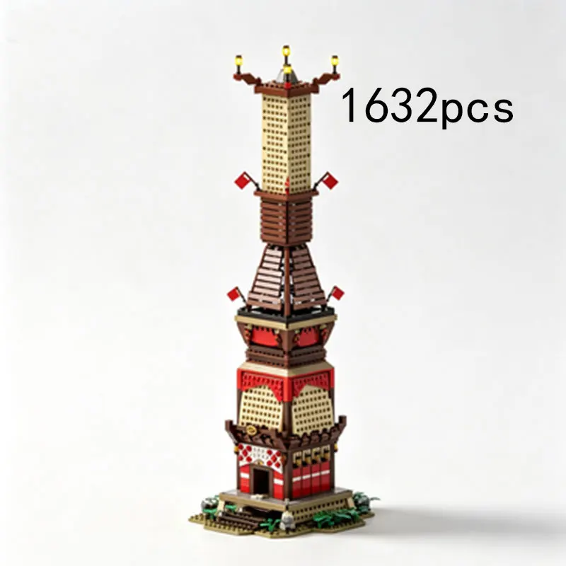 MOC 1632PCS Chinese Style Ancient Tower Watchtower Small Particle Assembly Building Block Ornament Collectible Toy Gift Scene