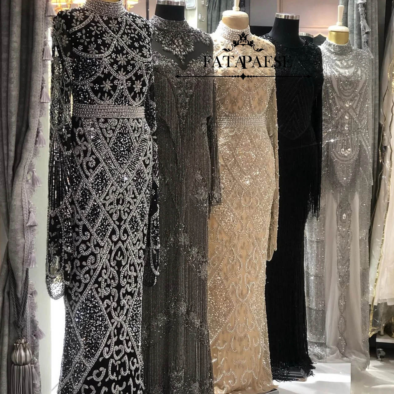 

FATAPAESE Customized Evening Gown High-Neck Crystal Sequins Beaded Fully Gown Bat Sleeve Mermaid Floor-Length Skirt Formal Ball