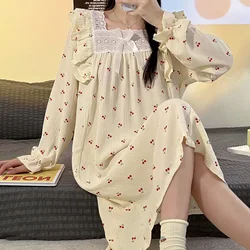 Pure Cotton Sleepwear Long Sleeve Midi Nightgown Loose Comfortable Home Clothes Sweet Princess Style Floral Print Square Neck
