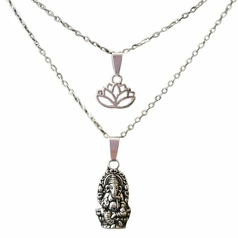 Gothic Elephant Ganesh Lotus Om Ohm Pendant Necklace Women Yoga Hamsa Hand Layered Multilayer Choker  Punk Jewelry Gift