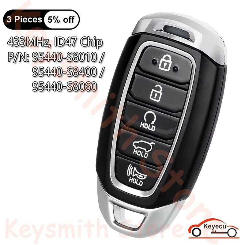 

Умный автомобильный ключ-брелок KEYECU с 5 кнопками, 433 МГц, чип ID47 для Hyundai Palisade 2020-2023, артикулы 95440-S8010, 95440-S8400, 95440-S8060