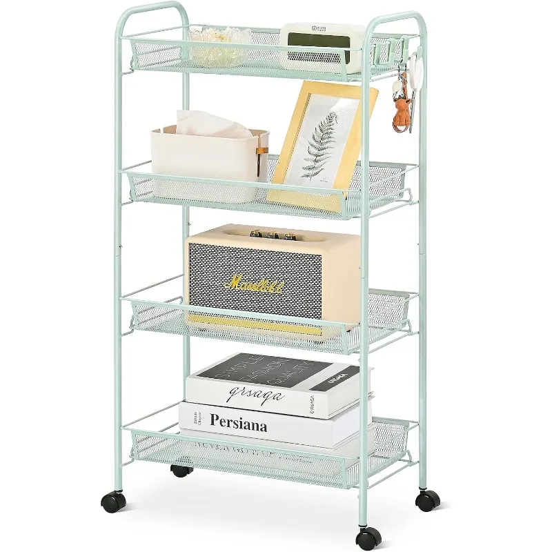 4-Tier Rolling Cart, Metal Utility Cart with 3 Hooks, Easy Assemble Mobile Storage Trolley On Wheels