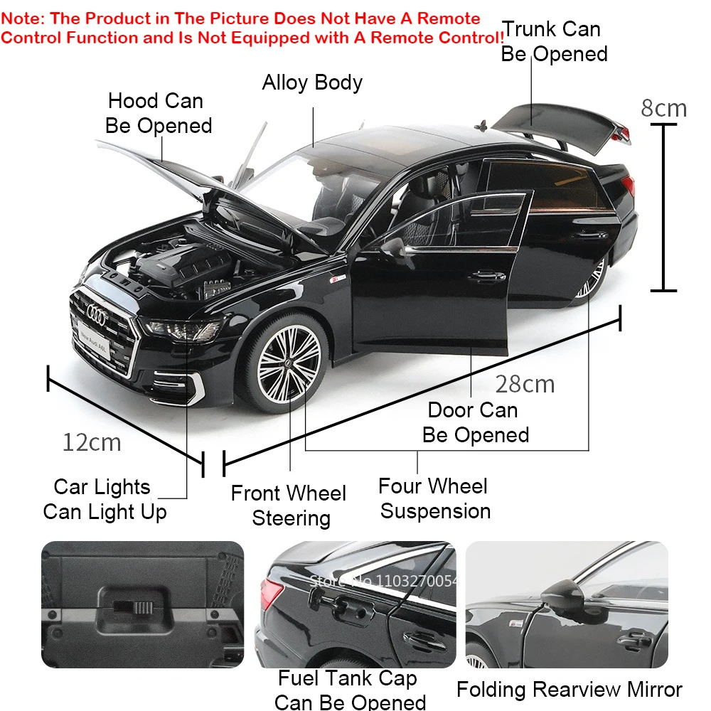 Coche de juguete grande de aleación 1:18 RS7 A6L, modelo fundido a presión, 6 puertas abiertas con luz de sonido, vehículos de dirección de rueda delantera para niños, regalos para adultos