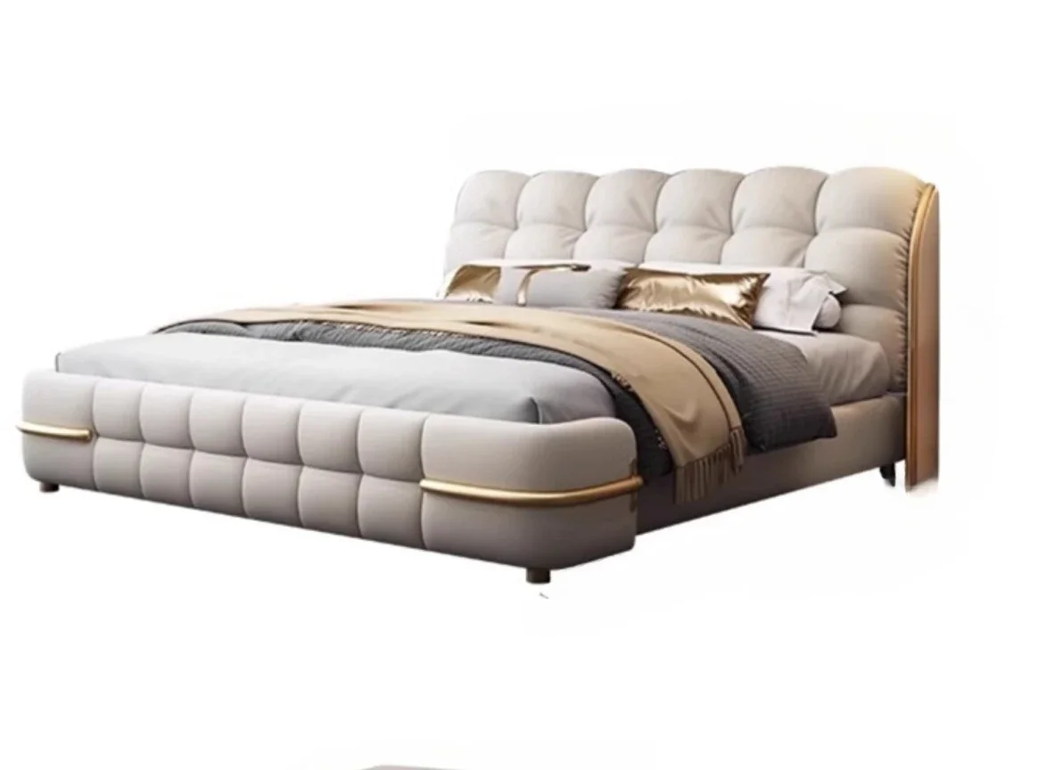 

Deluxe master bedroom bed, modern minimalist leather cream bed