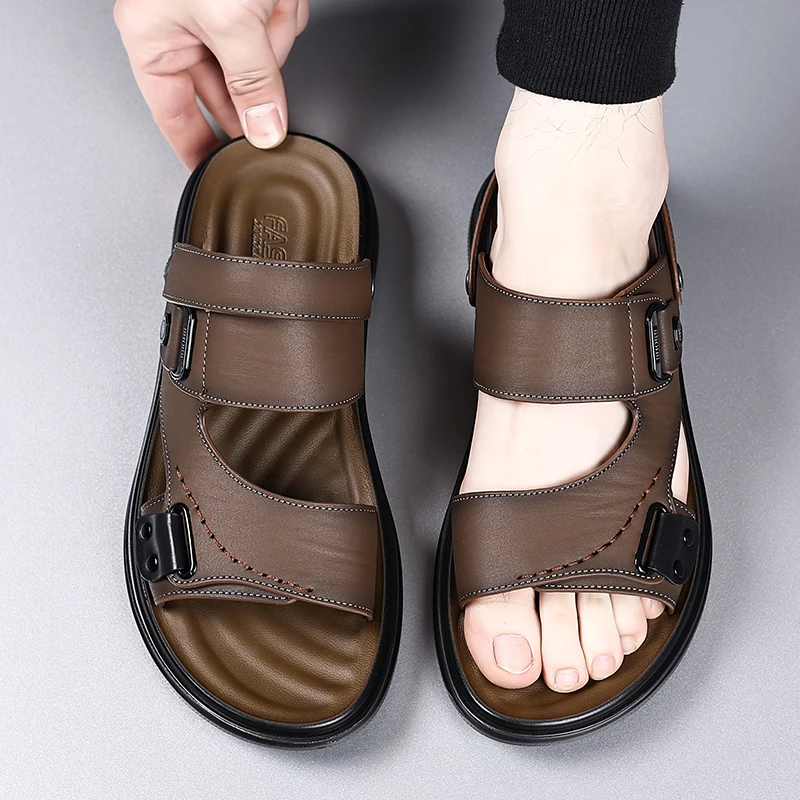 Men's Adjustable Strap Sandals with Dual Buckle Closure for Casual Summer Wear, Lightweight Comfortable Design with Stitched Det
