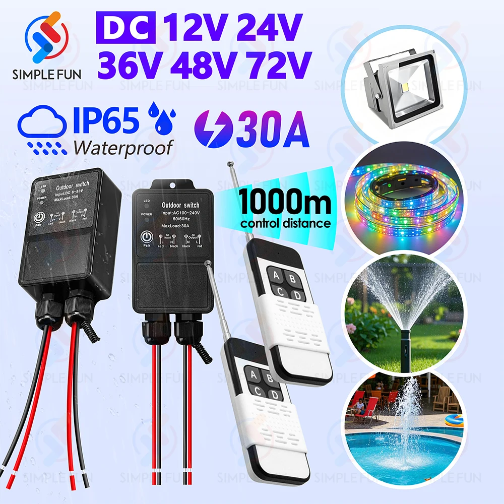 433Mhz Wireless DC 12V 24V 36V 48V 72V Remote Control Switch Waterproof 30A High Power 1000m Control Range for Light Pump Fan