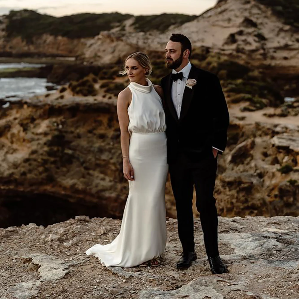 Vestido de novia de satén de seda Simple, drapeado, con espalda desbocada, cuello alto, Maxi Espalda descubierta, fruncido, talla grande