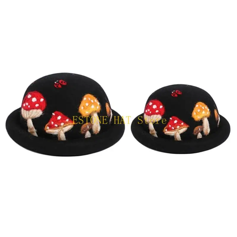 49MF Parent-Child Winter Autumn Faux Wool Felt Hat Cartoon Mushroom Ladybird Embroidery Vintage Prom Bucket Cap