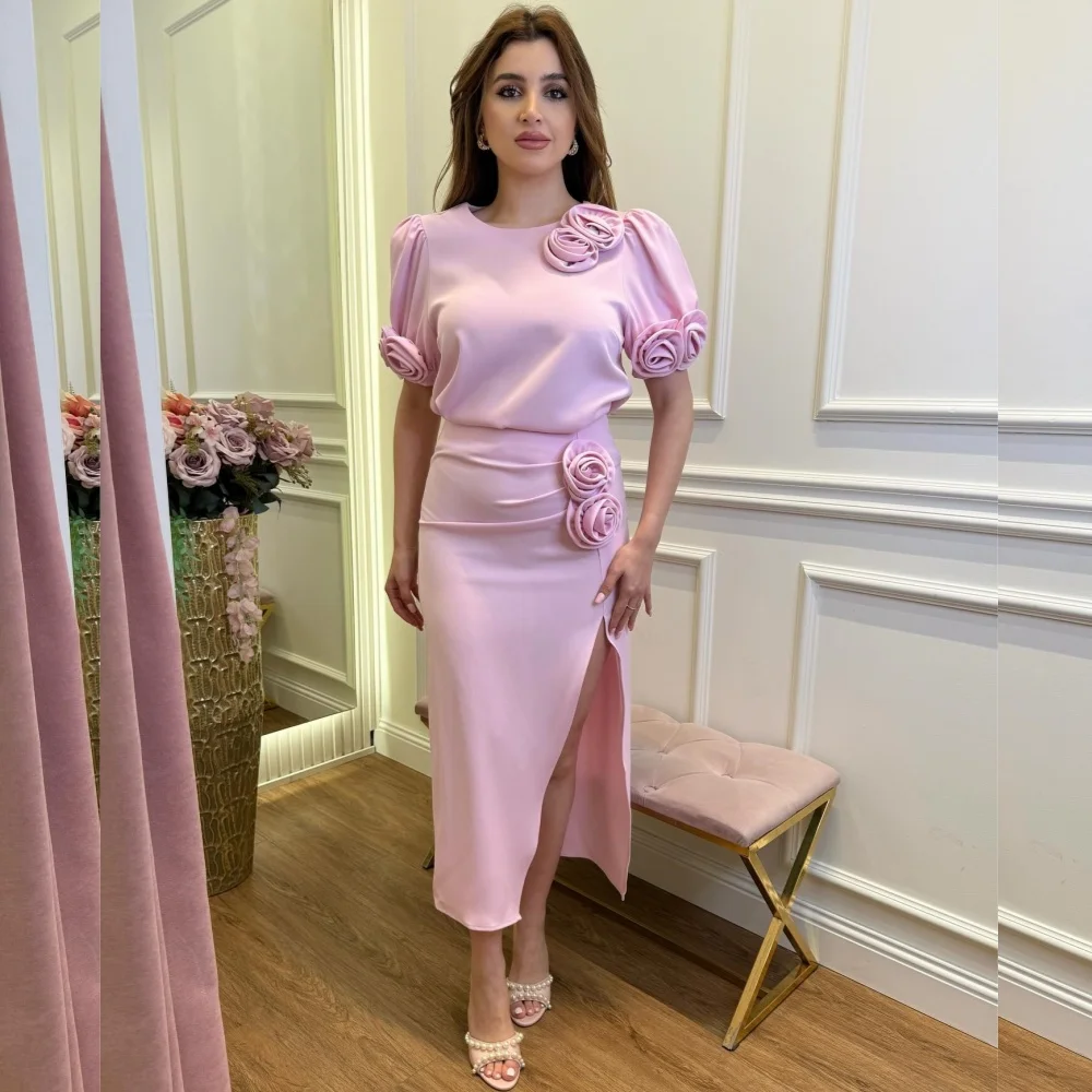 

Customized Exquisite Pastrol Jersey Flower Pleat Straight Scoop Neck Midi Dresses Bespoke Occasion Classic