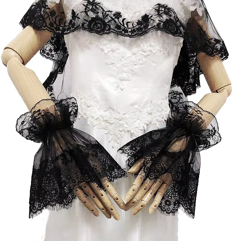 Wedding Cuffs Women Gothic Lace Mesh Stretch Horn Winkle Ruffle Fake Sleeves Detachable Party Bride Wristband Wrist Gloves