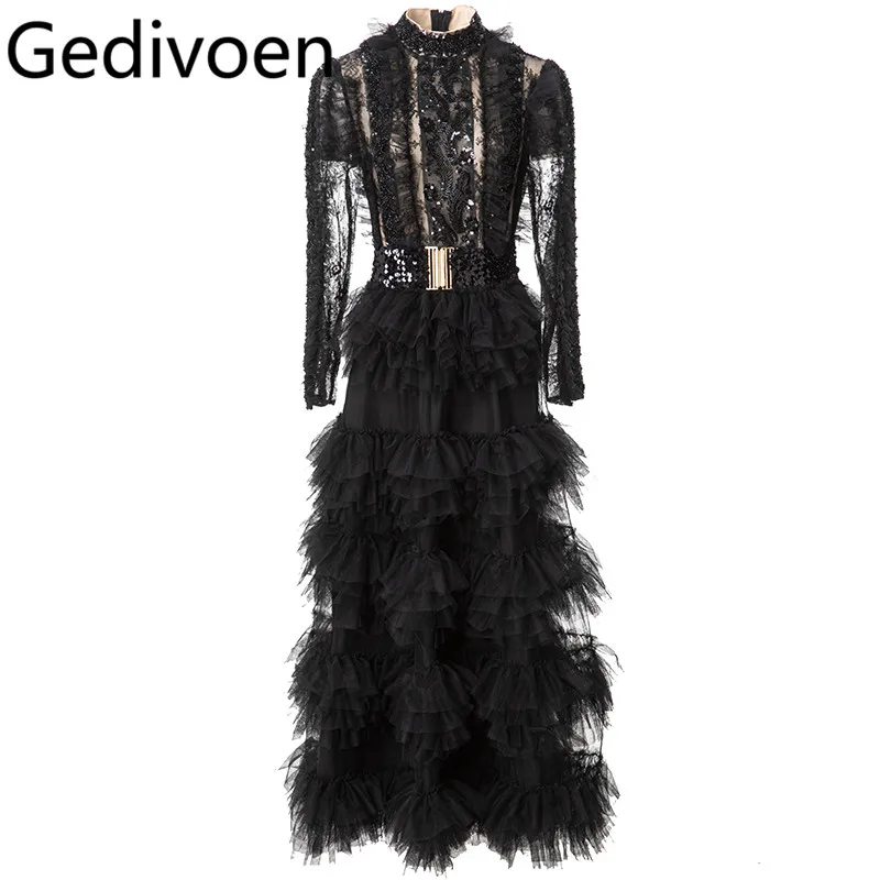 Gedivoen vestido feminino de malha com lantejoulas e miçangas, manga comprida, babados em camadas, nova moda, vestido de baile grande com cinto