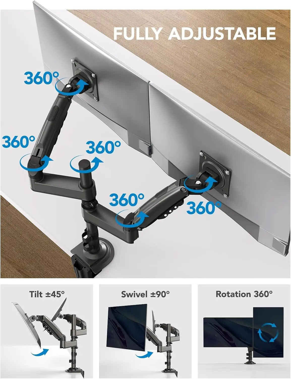 

17-32 Inch Dual Monitor Stand, Gas Spring Dual Monitor Mount, Monitor Stand 2 Monitors, Ergonomic Adjustable Tilt/Swivel/Rotate
