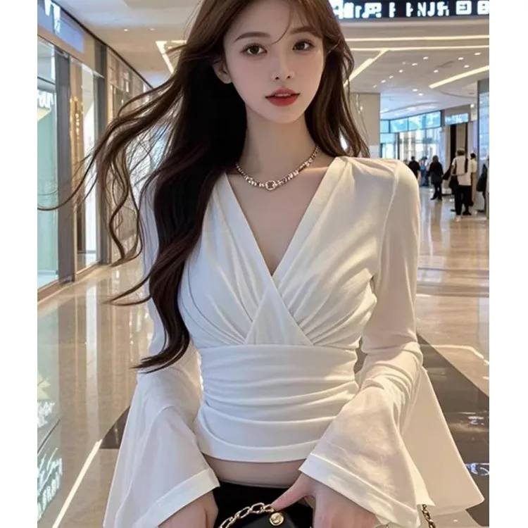 White V-neck Bell Sleeve Slim Fit Short Shirt Women's Fashion Elegant Lady Style Autumn New Arrival T-shirt Polyester 100%