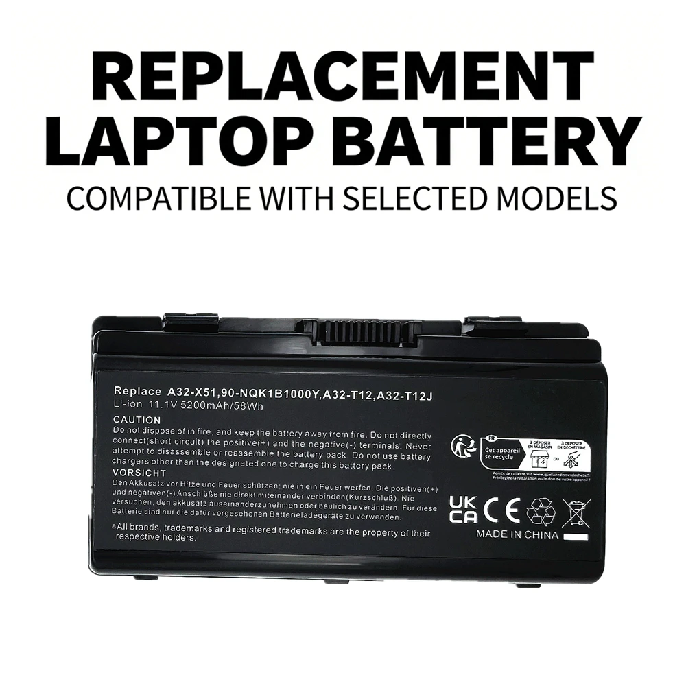 Laptop Battery A31‑T12 A32‑T12 A32‑X51 For ASUS T12 T12C T12Er X51L X51R X51RL X58L X58LE Pro52RL 11.1V Rechargeable Replacement