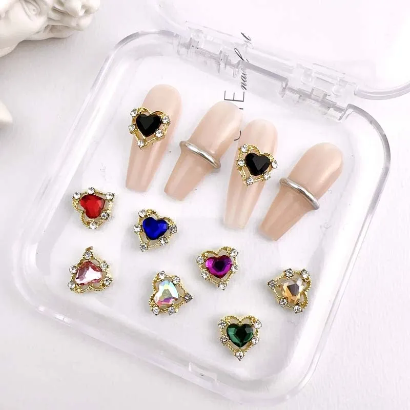 10 Stück Luxus Legierung Nagel Charms Herz Strass Kristall Nail Art Dekorationen DIY Zubehör Y2k