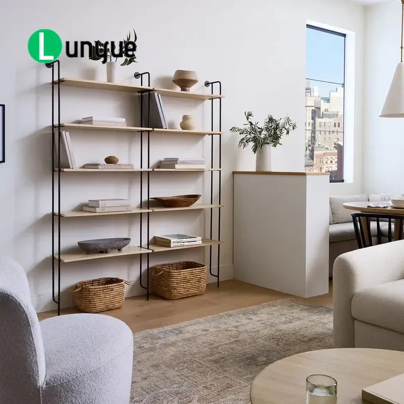 Modern Willow Modular Bookshelf Wooden Shelves with Mild Steel Frame Wall Mounted Storage Unit for Living Room Home Office