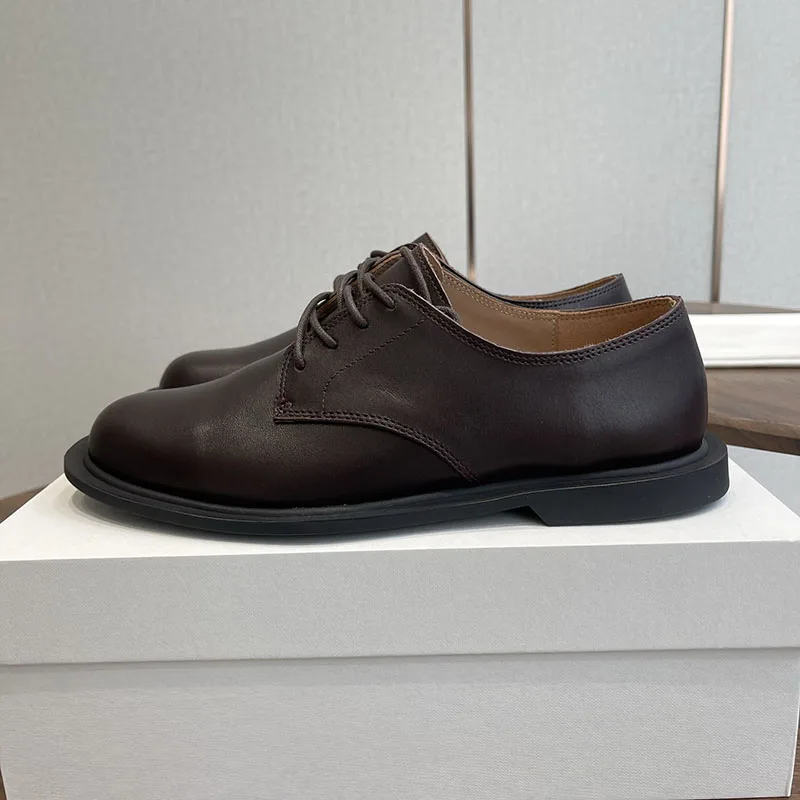 Oxfords Round Toe Lace Up Flats Women Genuine Leather Spring Autumn British Style Office Commuting Shoes 2025 Zapatos De Mujer