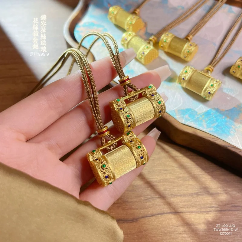 999.9 Hollow Enamel Filigree Blessing Lock Silver Pendant Men's Chain Set Ethnic Style Retro