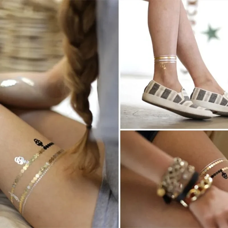 Tymczasowy tatuaż Seksowne słońce Księżyc Gwiazda Kobiety Impreza Body Arm Art Fake Flash Tattoos Gold Metallic Tattoo Sticker Girl Bracelet Wrist